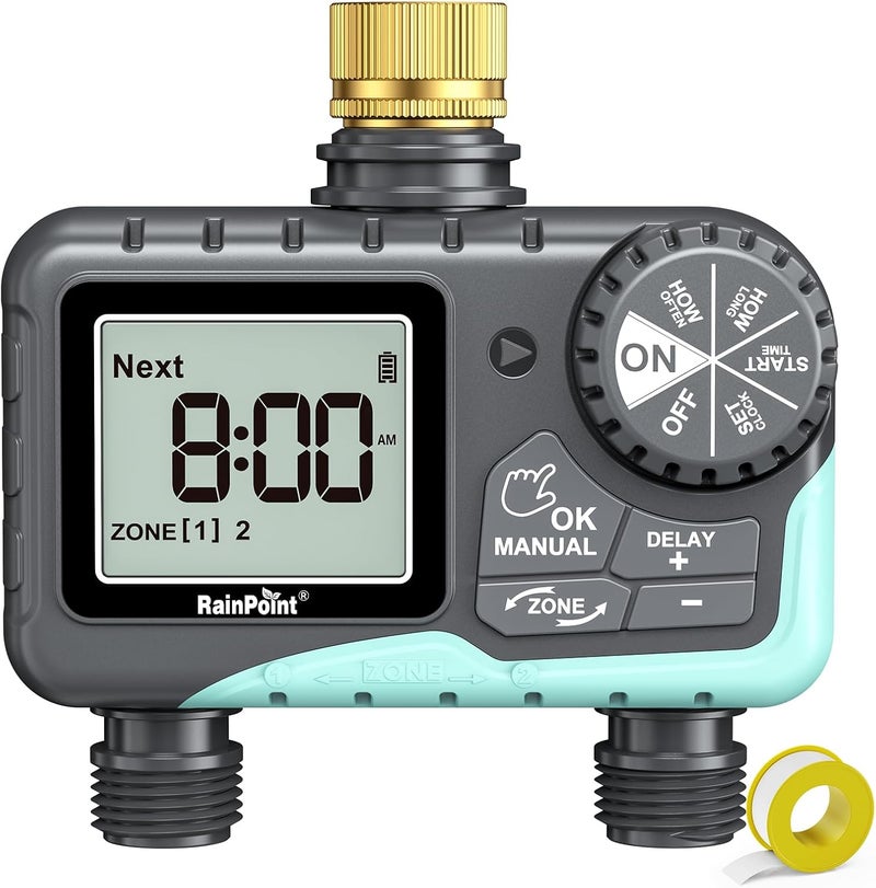 RAINPOINT Sprinkler Timer 2 Outlet, Water Timer for Garden Hose, for Yard Outdoor Watering, Rain Delay/Manual/Automatic System Controller Brass Inlet, V2 - Image 1